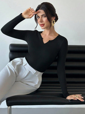 Firerie Women's Elegant Minimalist Casual Daily Commute New Sweetheart Neck Ruched Slim Fit Long Sleeve Black T-Shirt, Autumn/Winter - Negative Apparel