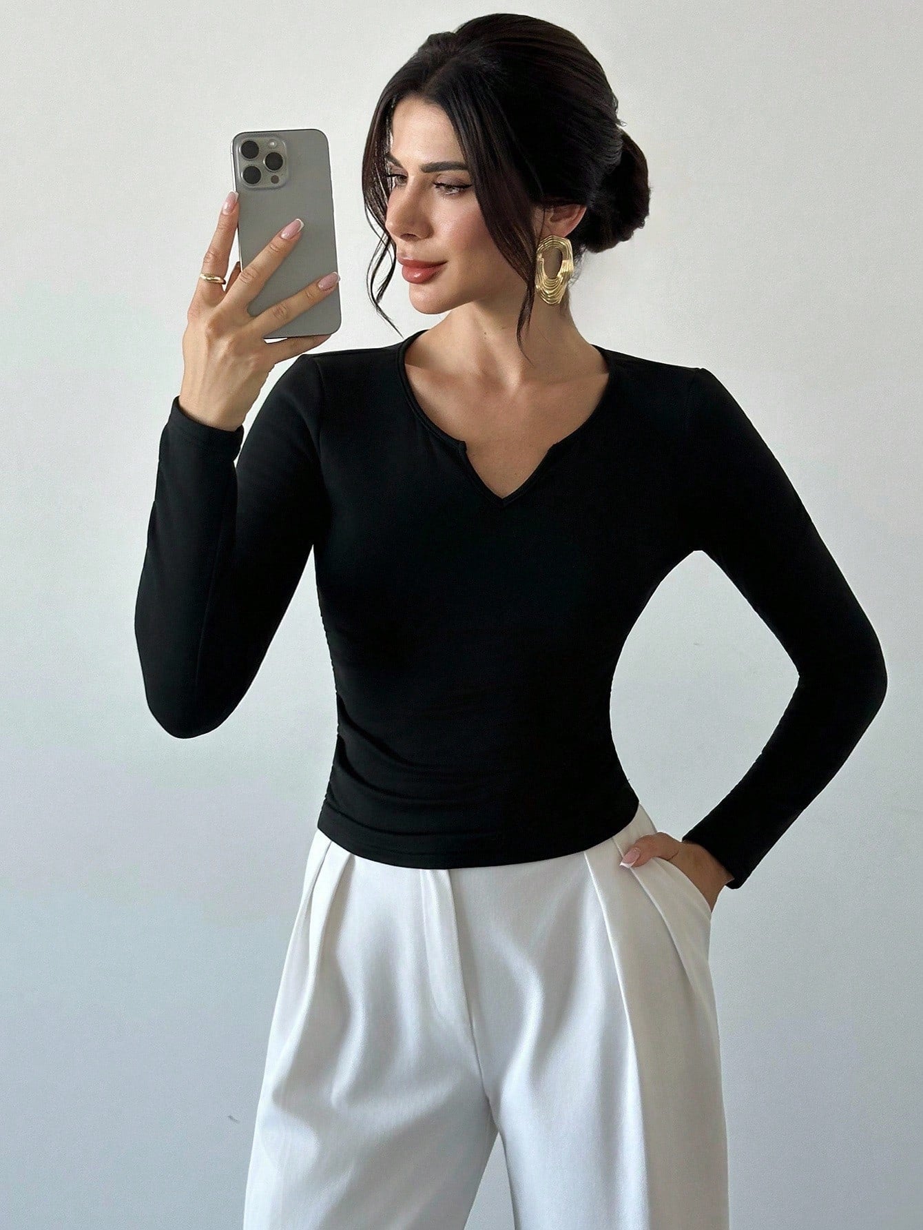 Firerie Women's Elegant Minimalist Casual Daily Commute New Sweetheart Neck Ruched Slim Fit Long Sleeve Black T-Shirt, Autumn/Winter - Negative Apparel