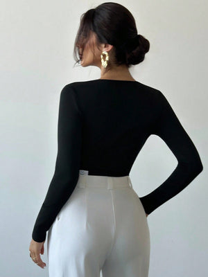 Firerie Women's Elegant Minimalist Casual Daily Commute New Sweetheart Neck Ruched Slim Fit Long Sleeve Black T-Shirt, Autumn/Winter - Negative Apparel