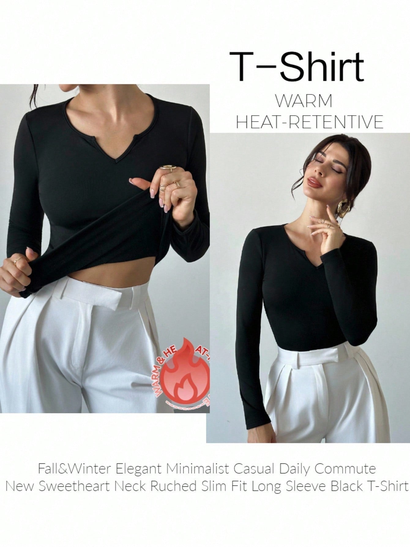 Firerie Women's Elegant Minimalist Casual Daily Commute New Sweetheart Neck Ruched Slim Fit Long Sleeve Black T-Shirt, Autumn/Winter - Negative Apparel