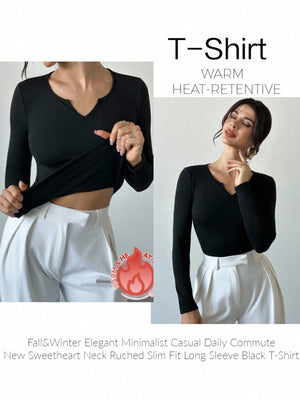 Firerie Women's Elegant Minimalist Casual Daily Commute New Sweetheart Neck Ruched Slim Fit Long Sleeve Black T-Shirt, Autumn/Winter - Negative Apparel