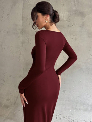 Firerie Women's Elegant Refined Daily New Commuting Minimalist Fashion Ruched High Waist Metal Decor Bodycon Long Sleeve Dark Brown Long Dress - Negative Apparel