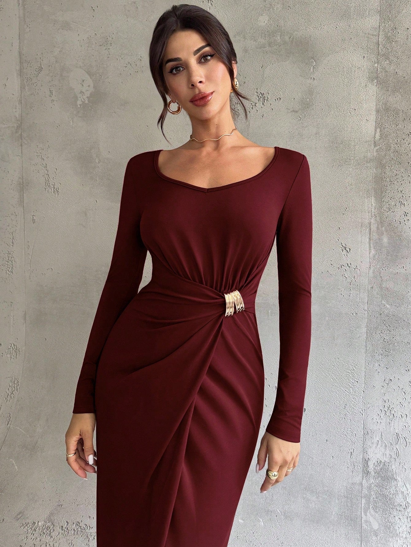 Firerie Women's Elegant Refined Daily New Commuting Minimalist Fashion Ruched High Waist Metal Decor Bodycon Long Sleeve Dark Brown Long Dress - Negative Apparel