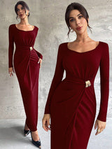 Firerie Women's Elegant Refined Daily New Commuting Minimalist Fashion Ruched High Waist Metal Decor Bodycon Long Sleeve Dark Brown Long Dress - Negative Apparel