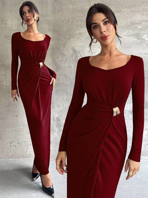 Firerie Women's Elegant Refined Daily New Commuting Minimalist Fashion Ruched High Waist Metal Decor Bodycon Long Sleeve Dark Brown Long Dress - Negative Apparel