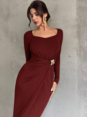 Firerie Women's Elegant Refined Daily New Commuting Minimalist Fashion Ruched High Waist Metal Decor Bodycon Long Sleeve Dark Brown Long Dress - Negative Apparel