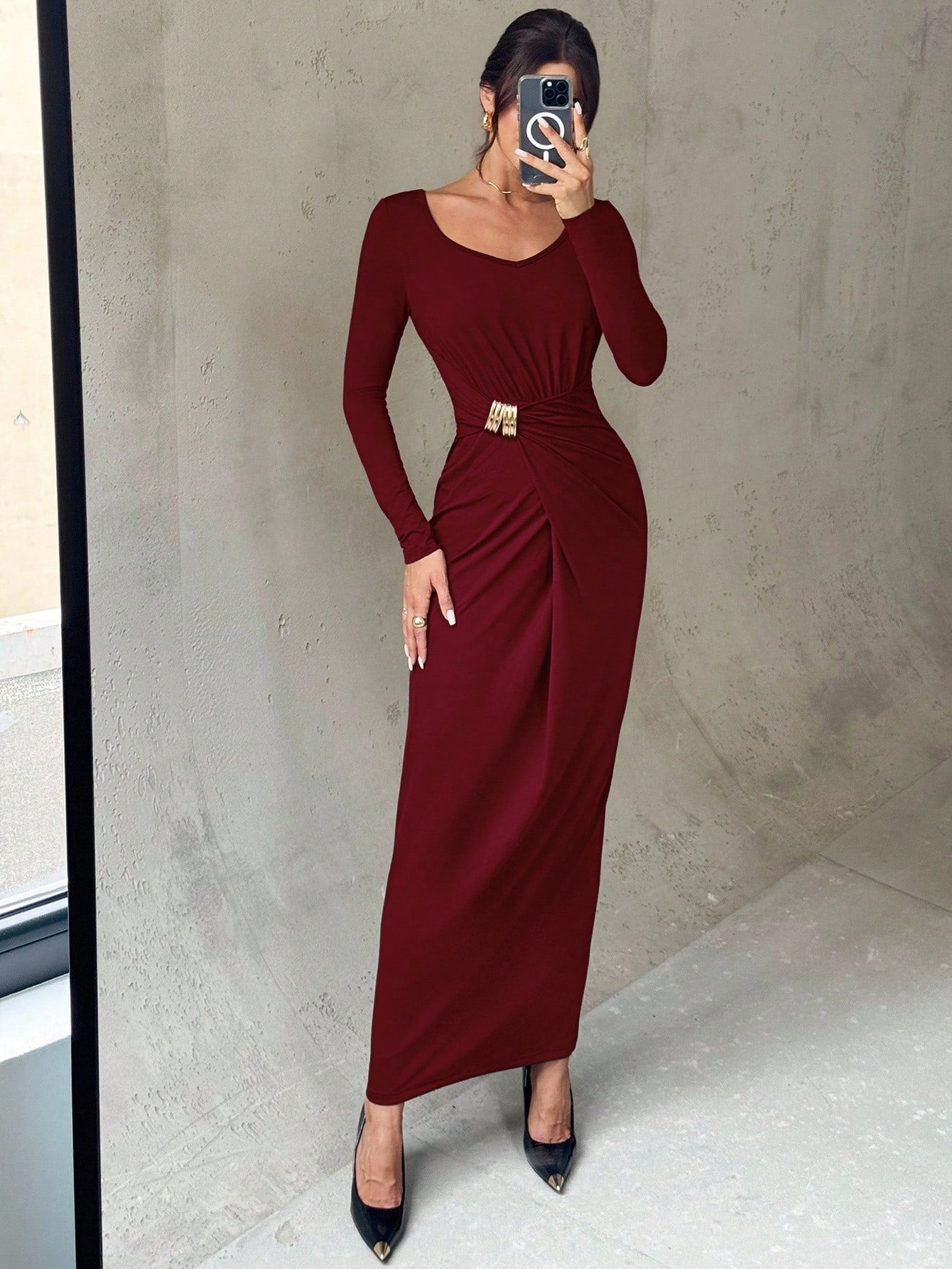 Firerie Women's Elegant Refined Daily New Commuting Minimalist Fashion Ruched High Waist Metal Decor Bodycon Long Sleeve Dark Brown Long Dress - Negative Apparel