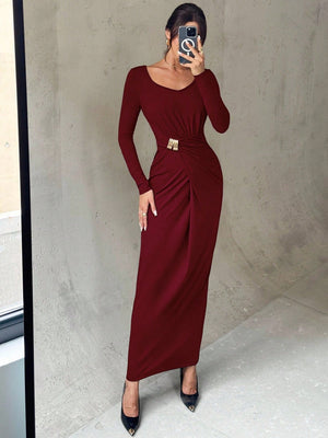 Firerie Women's Elegant Refined Daily New Commuting Minimalist Fashion Ruched High Waist Metal Decor Bodycon Long Sleeve Dark Brown Long Dress - Negative Apparel
