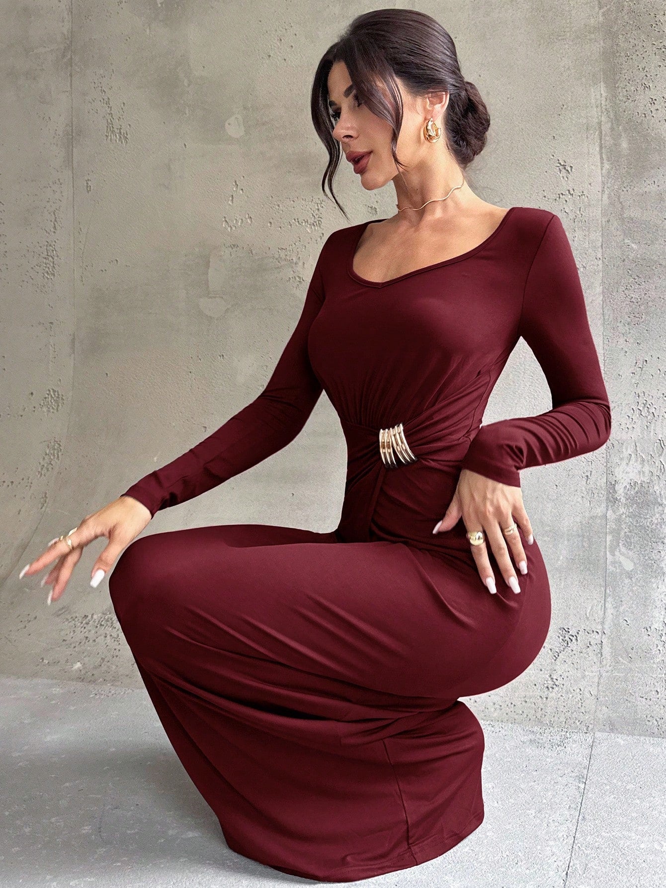 Firerie Women's Elegant Refined Daily New Commuting Minimalist Fashion Ruched High Waist Metal Decor Bodycon Long Sleeve Dark Brown Long Dress - Negative Apparel