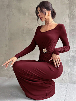 Firerie Women's Elegant Refined Daily New Commuting Minimalist Fashion Ruched High Waist Metal Decor Bodycon Long Sleeve Dark Brown Long Dress - Negative Apparel