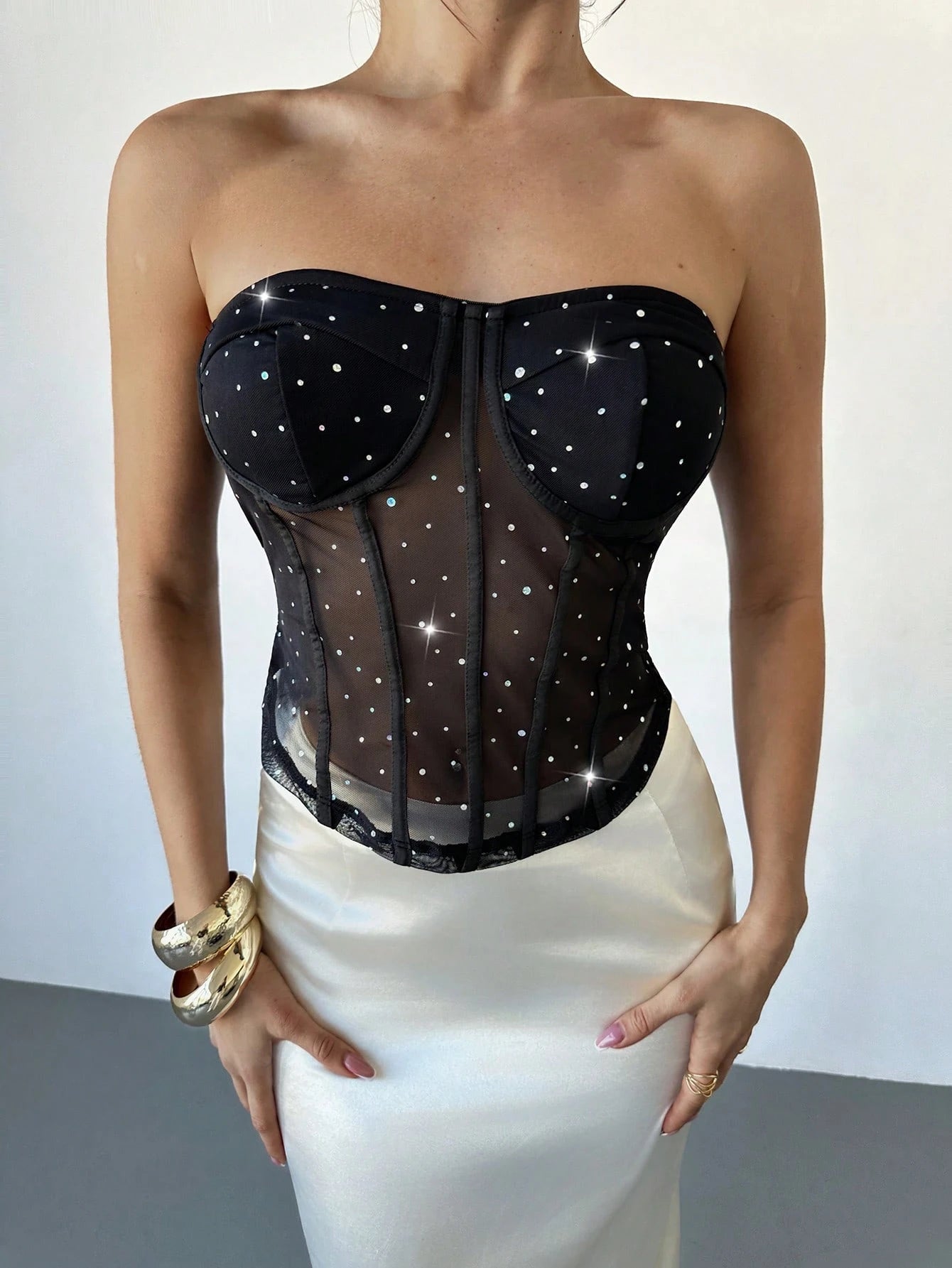 Firerie Women's Elegant Sequin Party Rhinestone Embellished Fitted Top - Negative Apparel