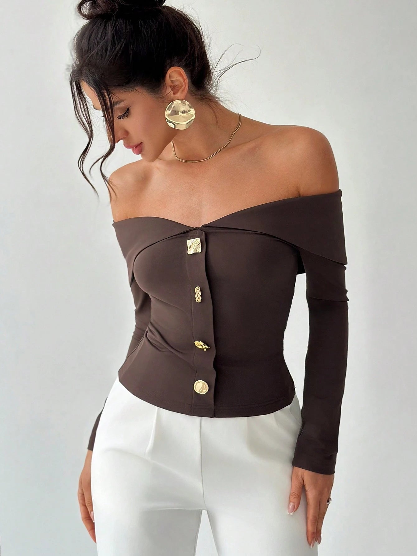 Firerie Women's Elegant Valentines Off Shoulder Asymmetrical Metal Button Top FD - Negative Apparel