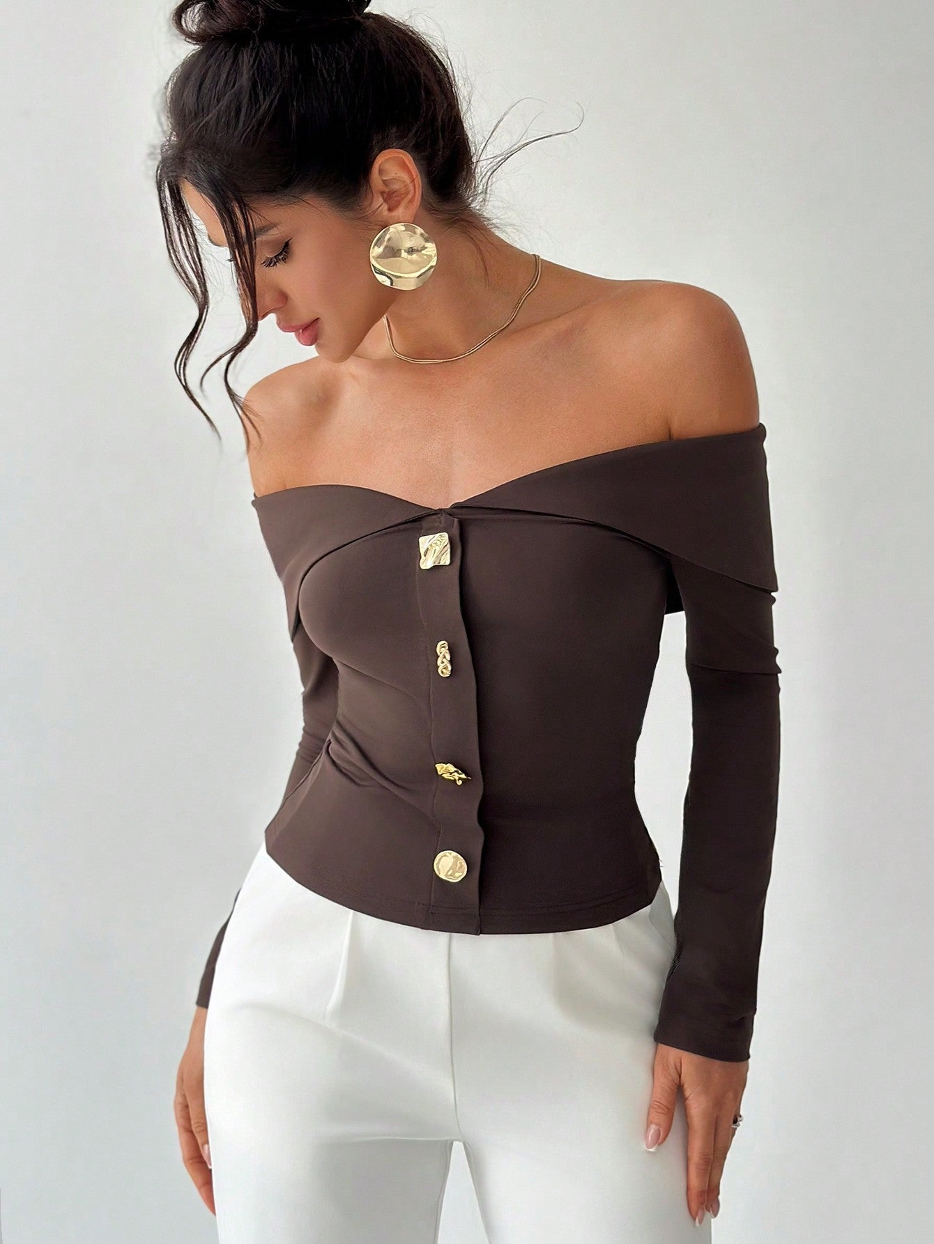 Firerie Women's Elegant Valentines Off Shoulder Asymmetrical Metal Button Top FD - Negative Apparel