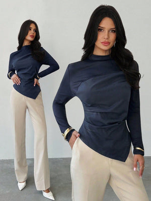 Firerie Women's New Slim Fit Waist Cinching Long Sleeve Blouse, Woven Patchwork Navy Top, Versatile Commuter Wear, Asymmetric Hem Shirt, Spring/Autumn/Winter Apparel, Elegant, Commuter, Casual, Daily, Minimalist, Work - Negative Apparel