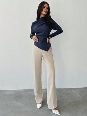 Firerie Women's New Slim Fit Waist Cinching Long Sleeve Blouse, Woven Patchwork Navy Top, Versatile Commuter Wear, Asymmetric Hem Shirt, Spring/Autumn/Winter Apparel, Elegant, Commuter, Casual, Daily, Minimalist, Work - Negative Apparel