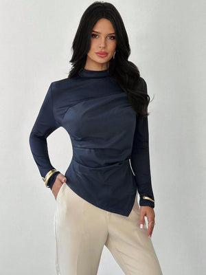 Firerie Women's New Slim Fit Waist Cinching Long Sleeve Blouse, Woven Patchwork Navy Top, Versatile Commuter Wear, Asymmetric Hem Shirt, Spring/Autumn/Winter Apparel, Elegant, Commuter, Casual, Daily, Minimalist, Work - Negative Apparel