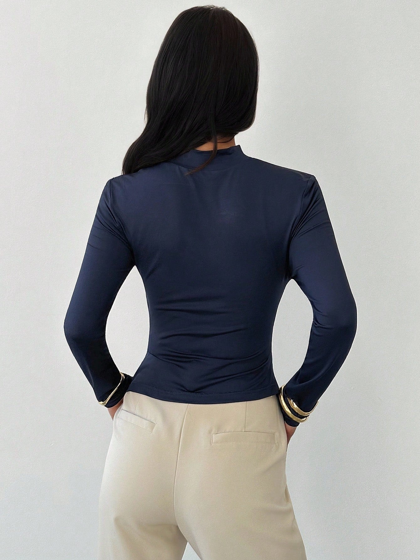 Firerie Women's New Slim Fit Waist Cinching Long Sleeve Blouse, Woven Patchwork Navy Top, Versatile Commuter Wear, Asymmetric Hem Shirt, Spring/Autumn/Winter Apparel, Elegant, Commuter, Casual, Daily, Minimalist, Work - Negative Apparel