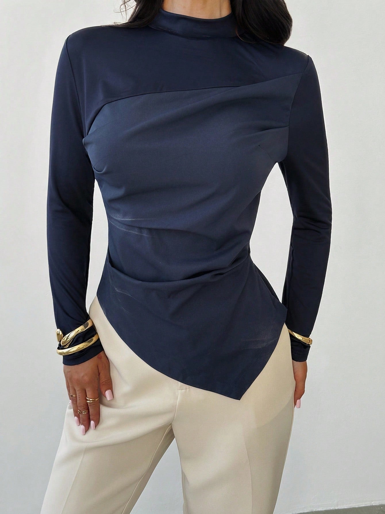 Firerie Women's New Slim Fit Waist Cinching Long Sleeve Blouse, Woven Patchwork Navy Top, Versatile Commuter Wear, Asymmetric Hem Shirt, Spring/Autumn/Winter Apparel, Elegant, Commuter, Casual, Daily, Minimalist, Work - Negative Apparel