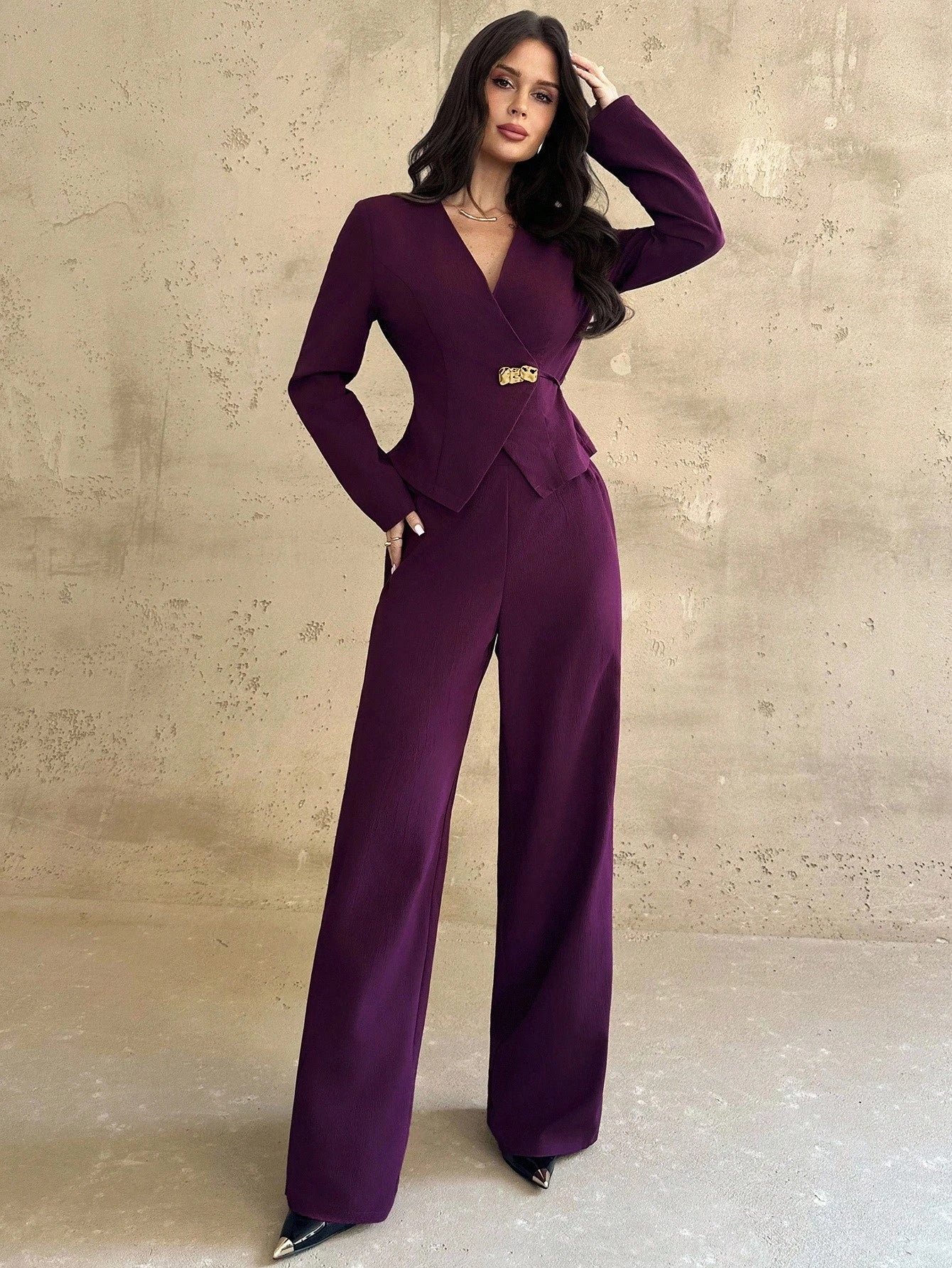 Firerie women's top and pants set, solid color, V - neck, long sleeves, metal button embellishments, elegant burgundy color, formal suit suitable for professionals and teachers, stylish work attire FD - Negative Apparel