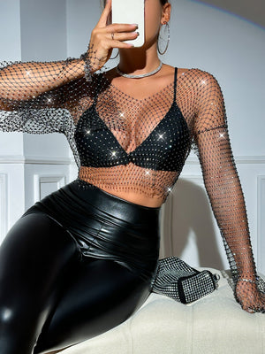 Fishnet rhinestone V - neck blouse long - sleeved sexy top - Negative Apparel