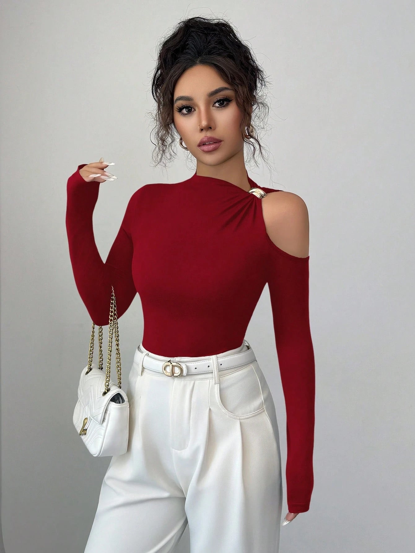 Fitted Sexy Metal Decor Hollow Out Off Shoulder Long Sleeve T-Shirt FD - Negative Apparel