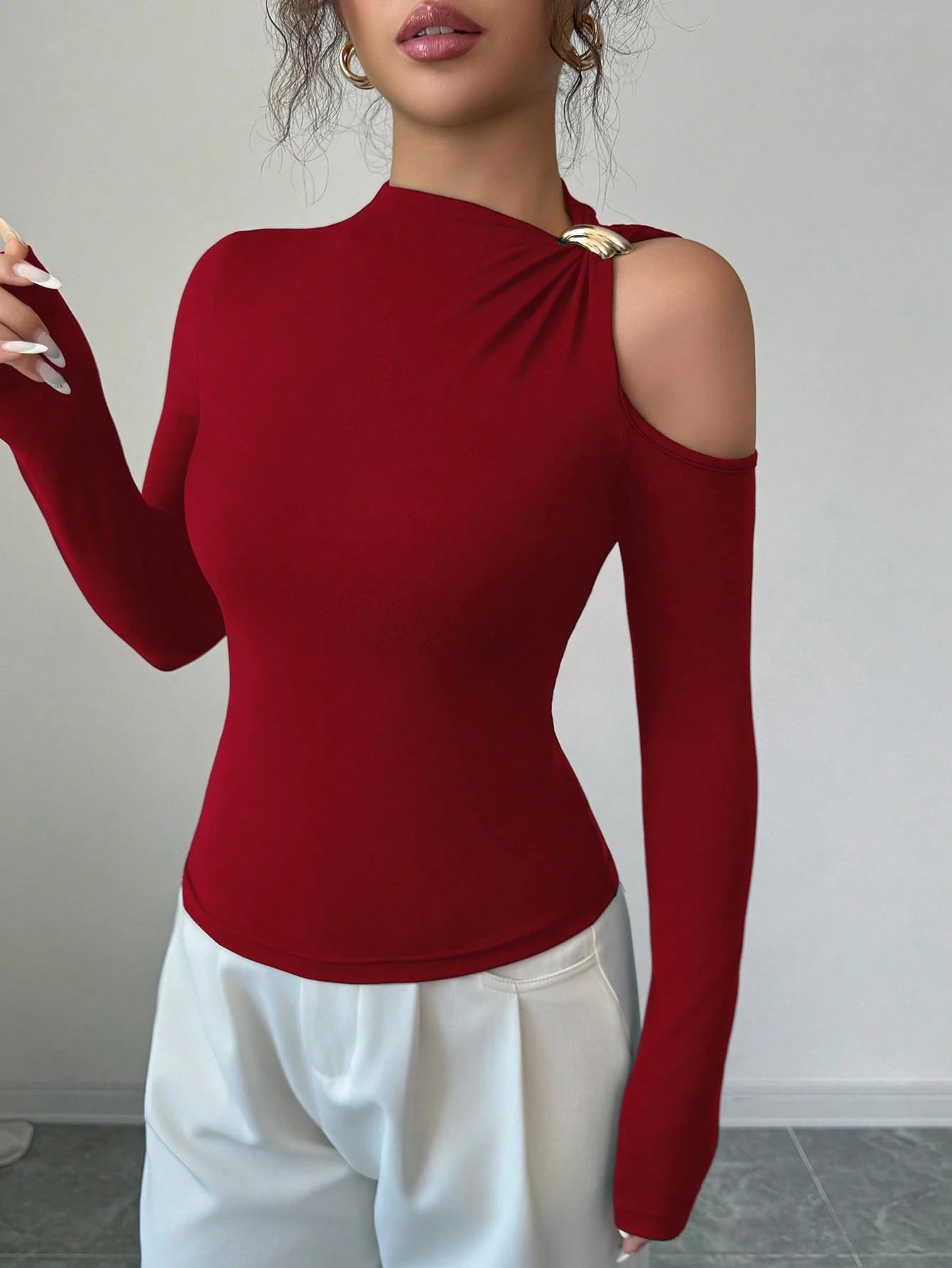 Fitted Sexy Metal Decor Hollow Out Off Shoulder Long Sleeve T-Shirt FD - Negative Apparel