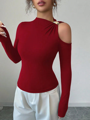 Fitted Sexy Metal Decor Hollow Out Off Shoulder Long Sleeve T-Shirt FD - Negative Apparel
