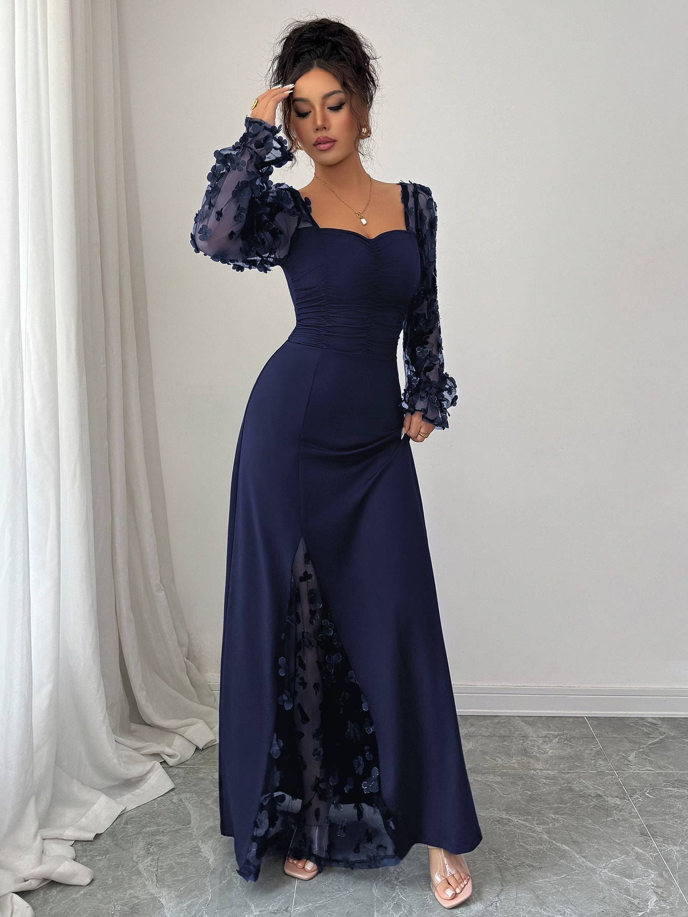 Square Neck A-Line Gown | Wrinkle-Resistant Bubble Sleeve Dr  Negative  Apparel
