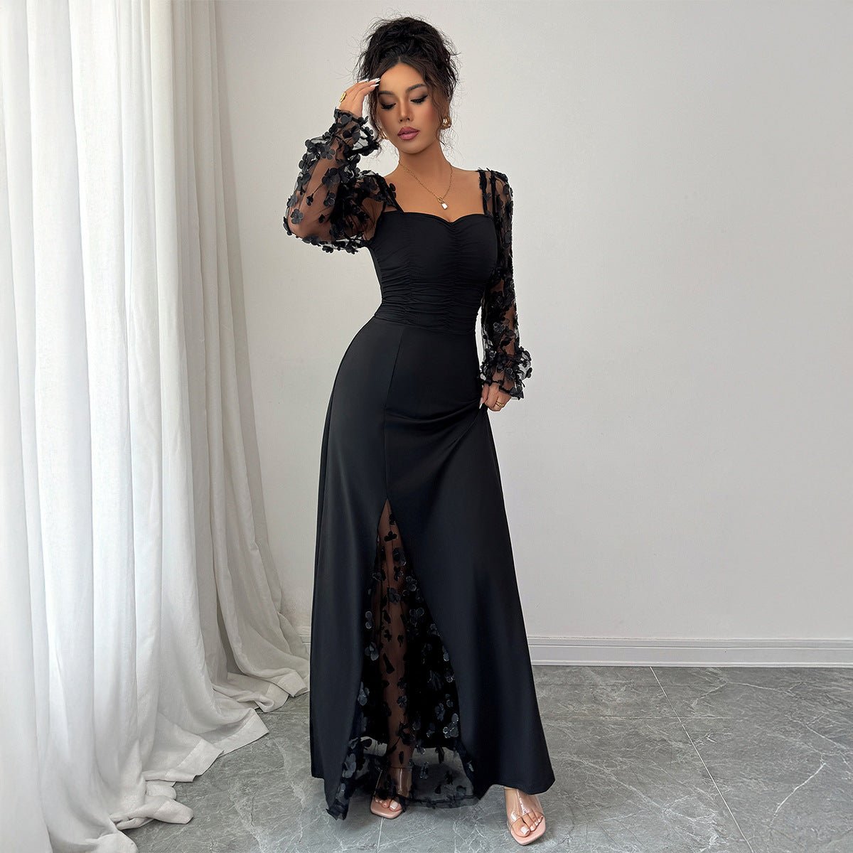 Flora Royale | Square - Neck Puff Sleeve Maxi Dress - Negative Apparel