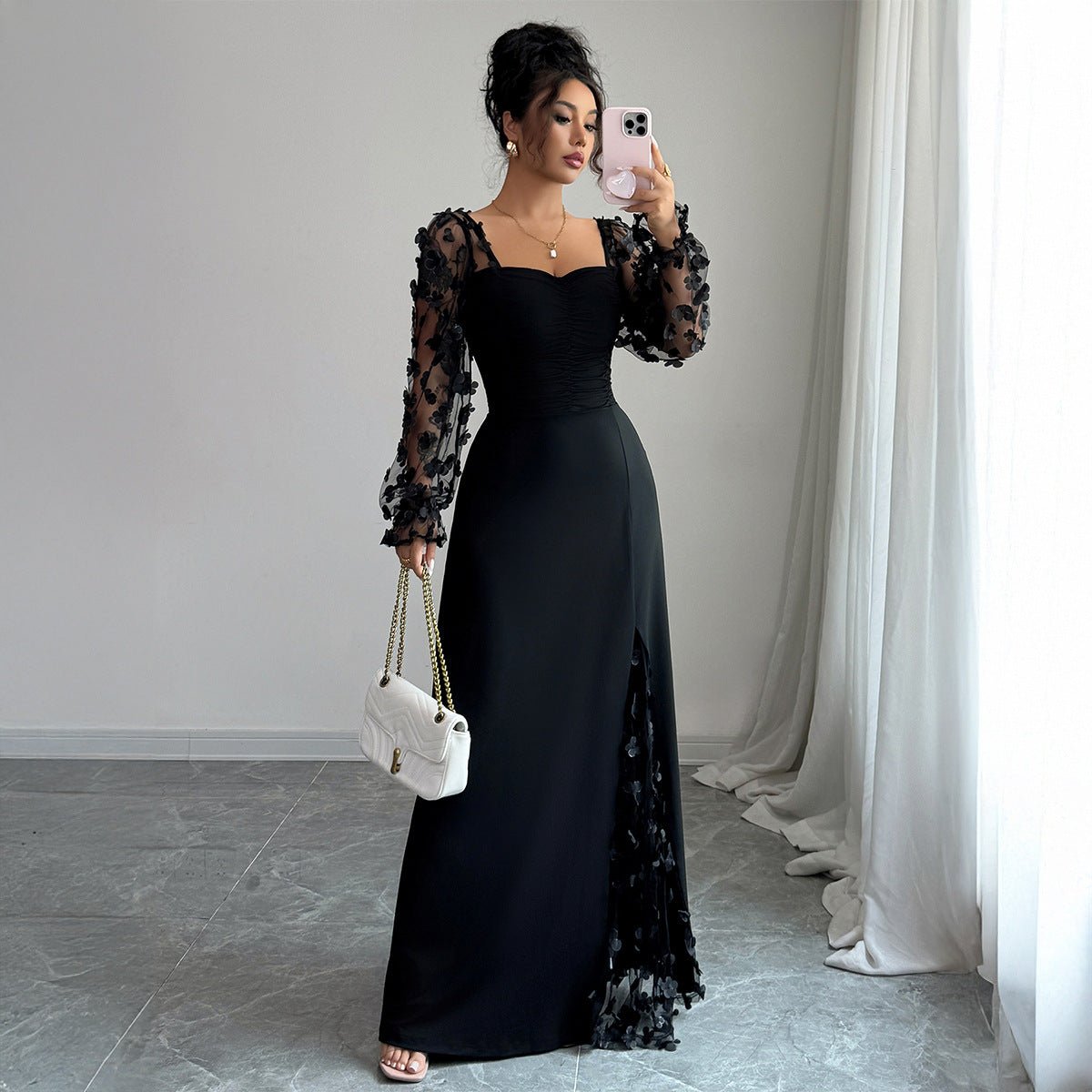 Flora Royale | Square - Neck Puff Sleeve Maxi Dress - Negative Apparel