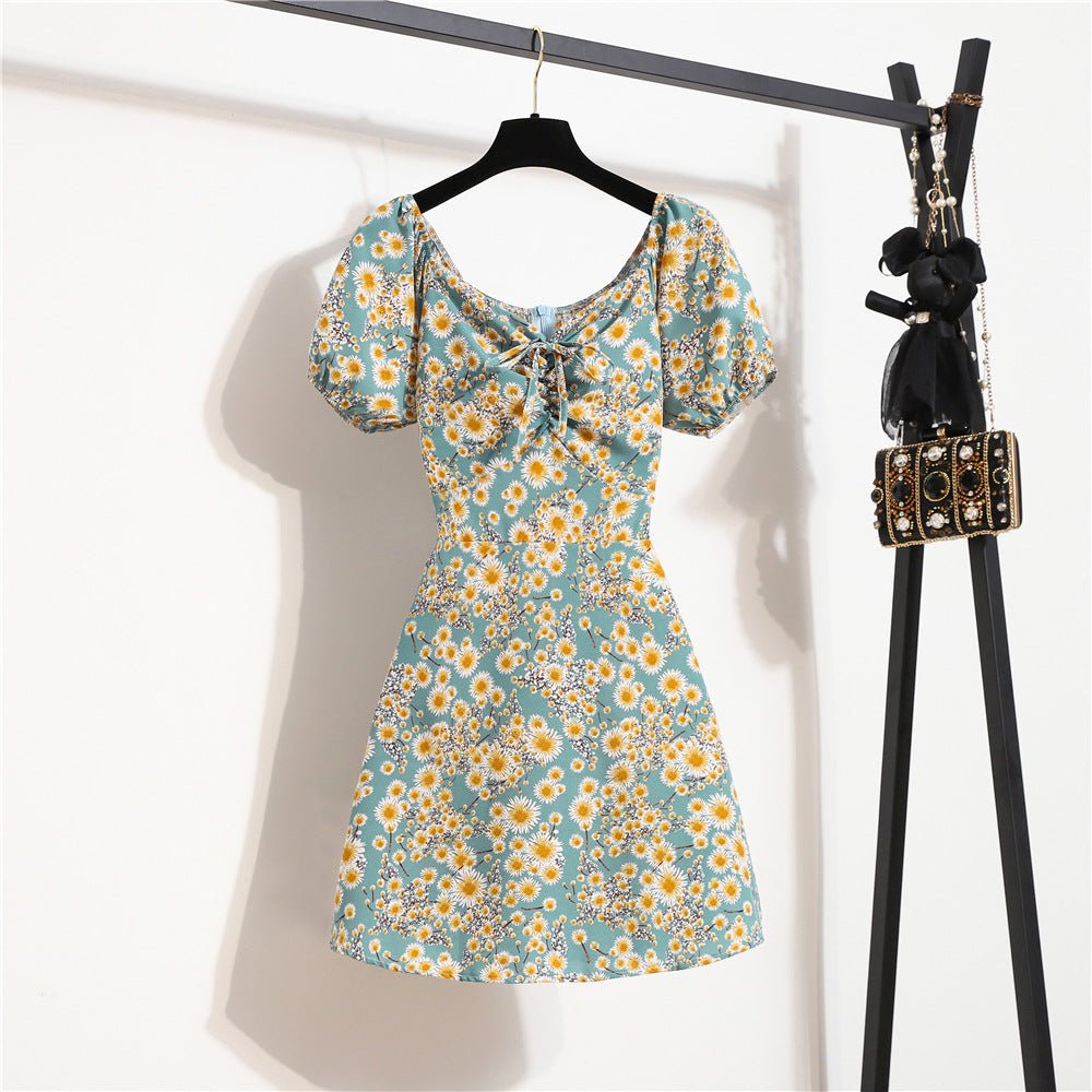 Floral chiffon dress women's summer new niche versatile lace - up primer short skirt short sleeve - Negative Apparel