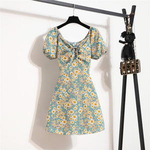 Floral chiffon dress women's summer new niche versatile lace - up primer short skirt short sleeve - Negative Apparel