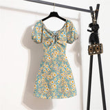 Floral chiffon dress women's summer new niche versatile lace - up primer short skirt short sleeve - Negative Apparel