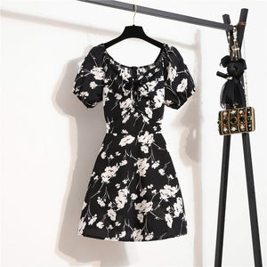Floral chiffon dress women's summer new niche versatile lace - up primer short skirt short sleeve - Negative Apparel
