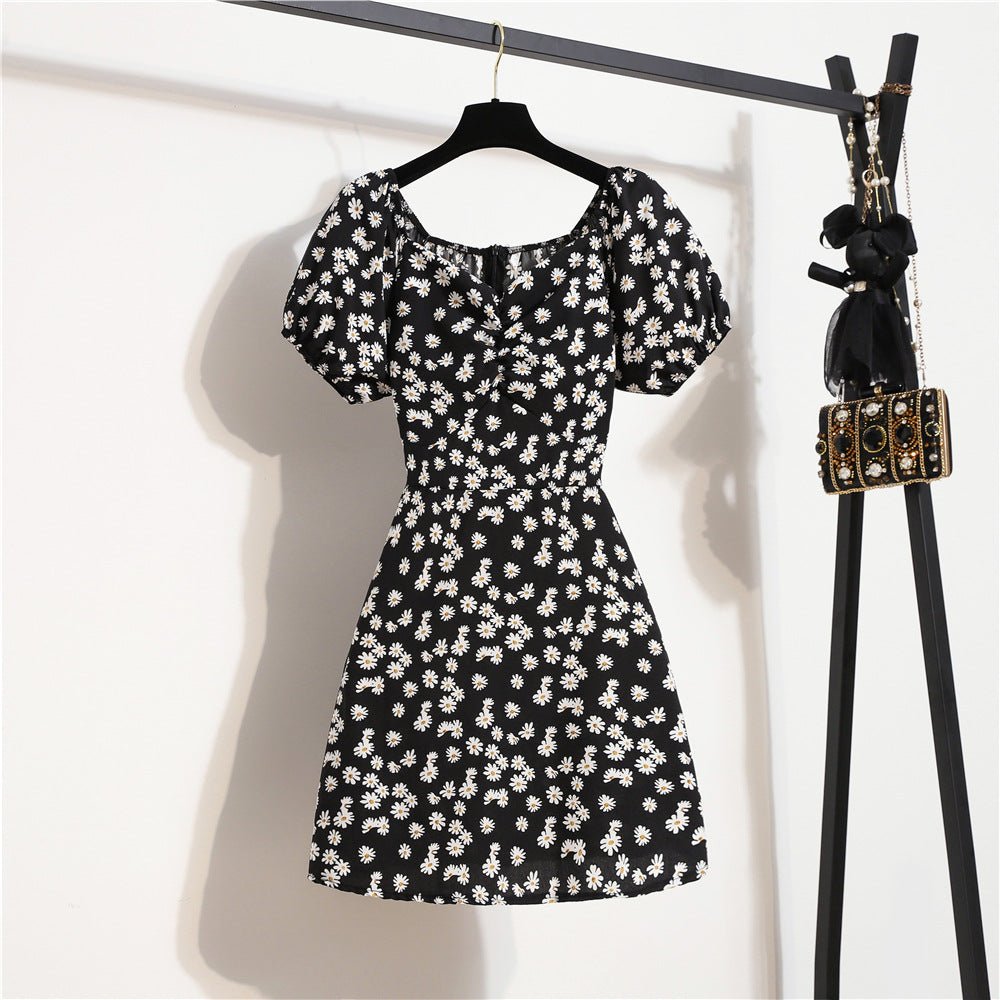 Floral chiffon dress women's summer new niche versatile lace - up primer short skirt short sleeve - Negative Apparel