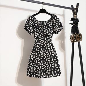 Floral chiffon dress women's summer new niche versatile lace - up primer short skirt short sleeve - Negative Apparel