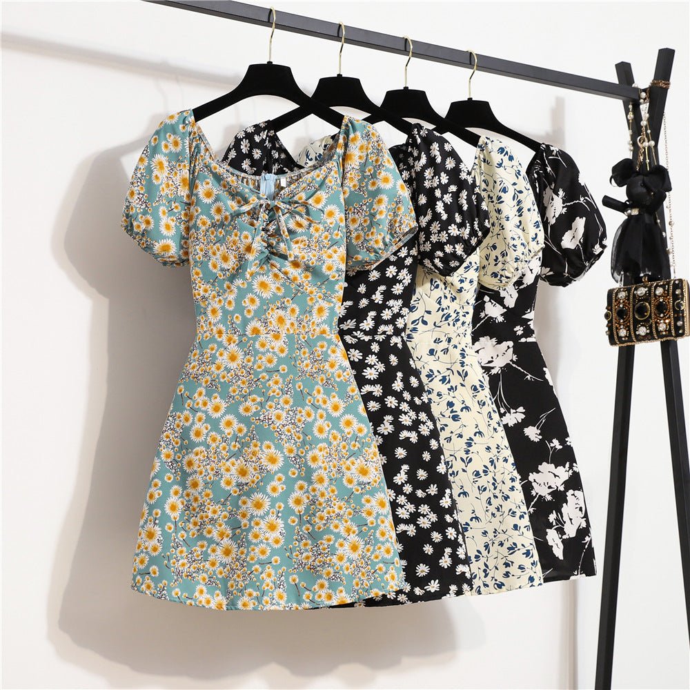 Floral chiffon dress women's summer new niche versatile lace - up primer short skirt short sleeve - Negative Apparel