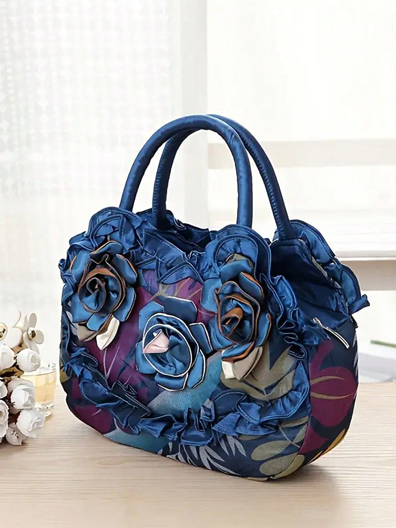 Floral Decoration Drawstring Small Handbag, Trendy Evening Bag, Simple Phone Bag - Negative Apparel