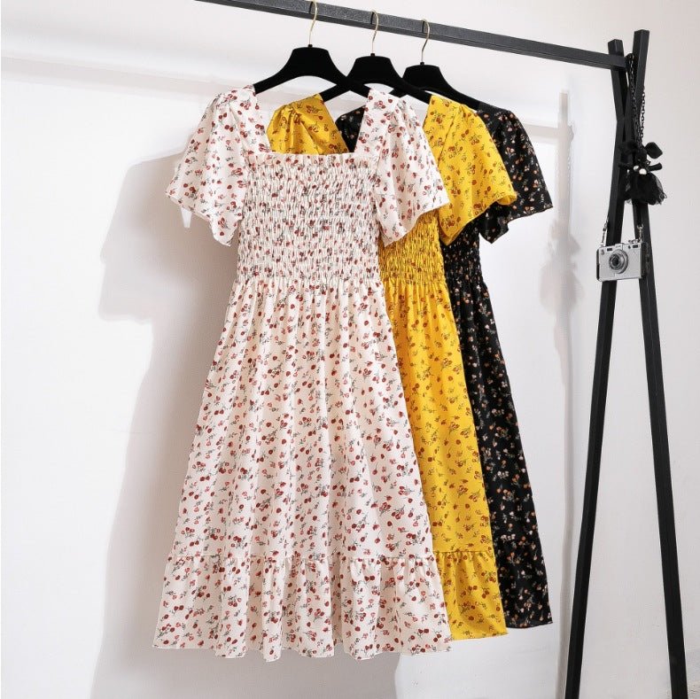Floral dress women's summer new French casual slim waist chiffon medium and long knee skirt - Negative Apparel