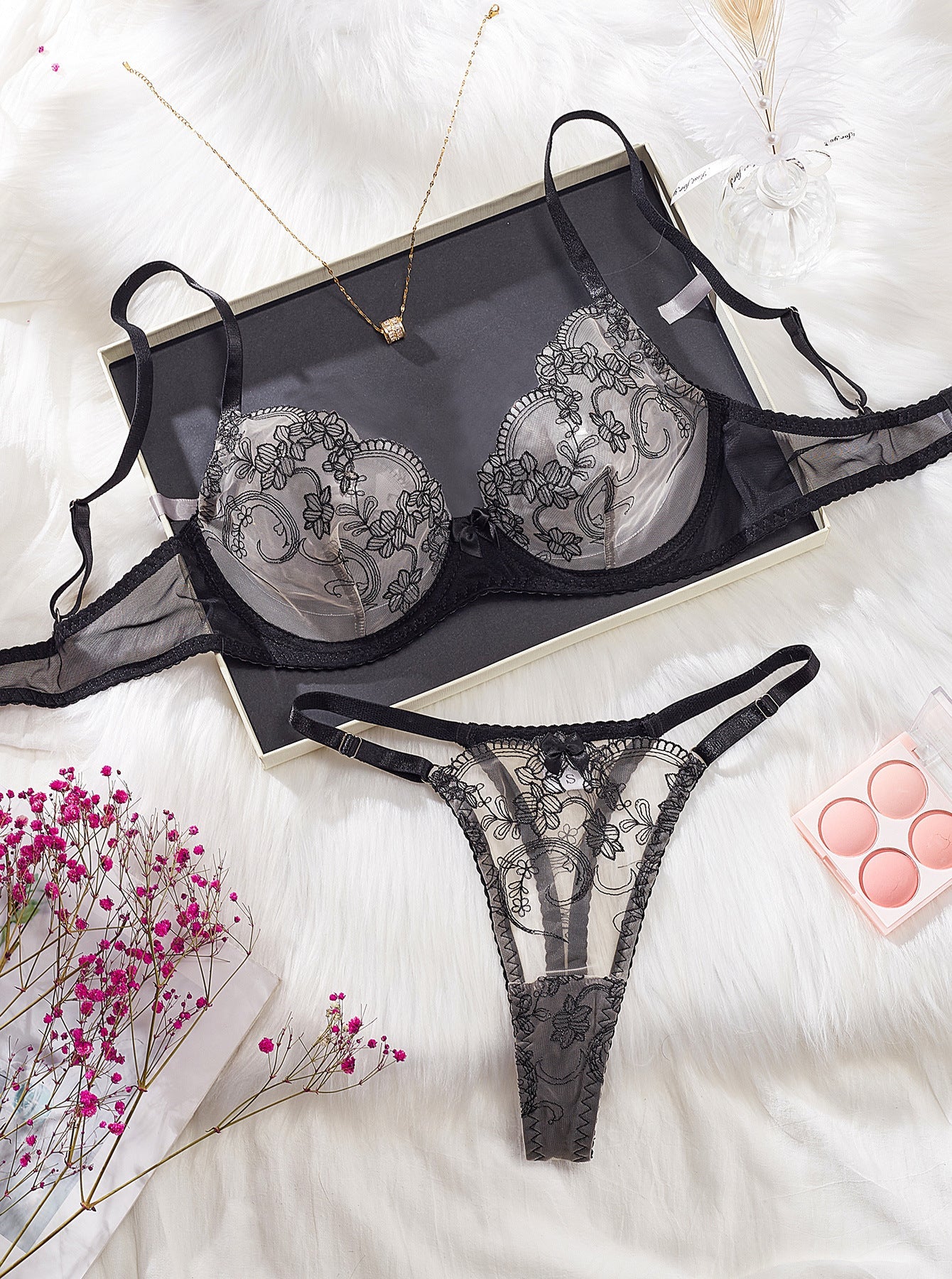 Floral embroidery steel ring gathered lingerie two - piece set - Negative Apparel