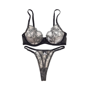 Floral embroidery steel ring gathered lingerie two - piece set - Negative Apparel