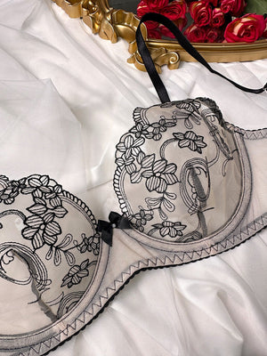 Floral embroidery steel ring gathered lingerie two - piece set - Negative Apparel