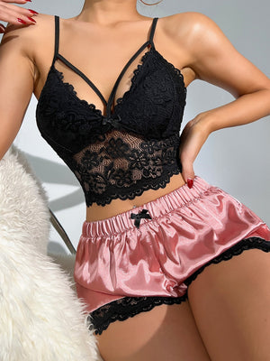 Floral Lace Bow Front Satin PJ Set - Negative Apparel