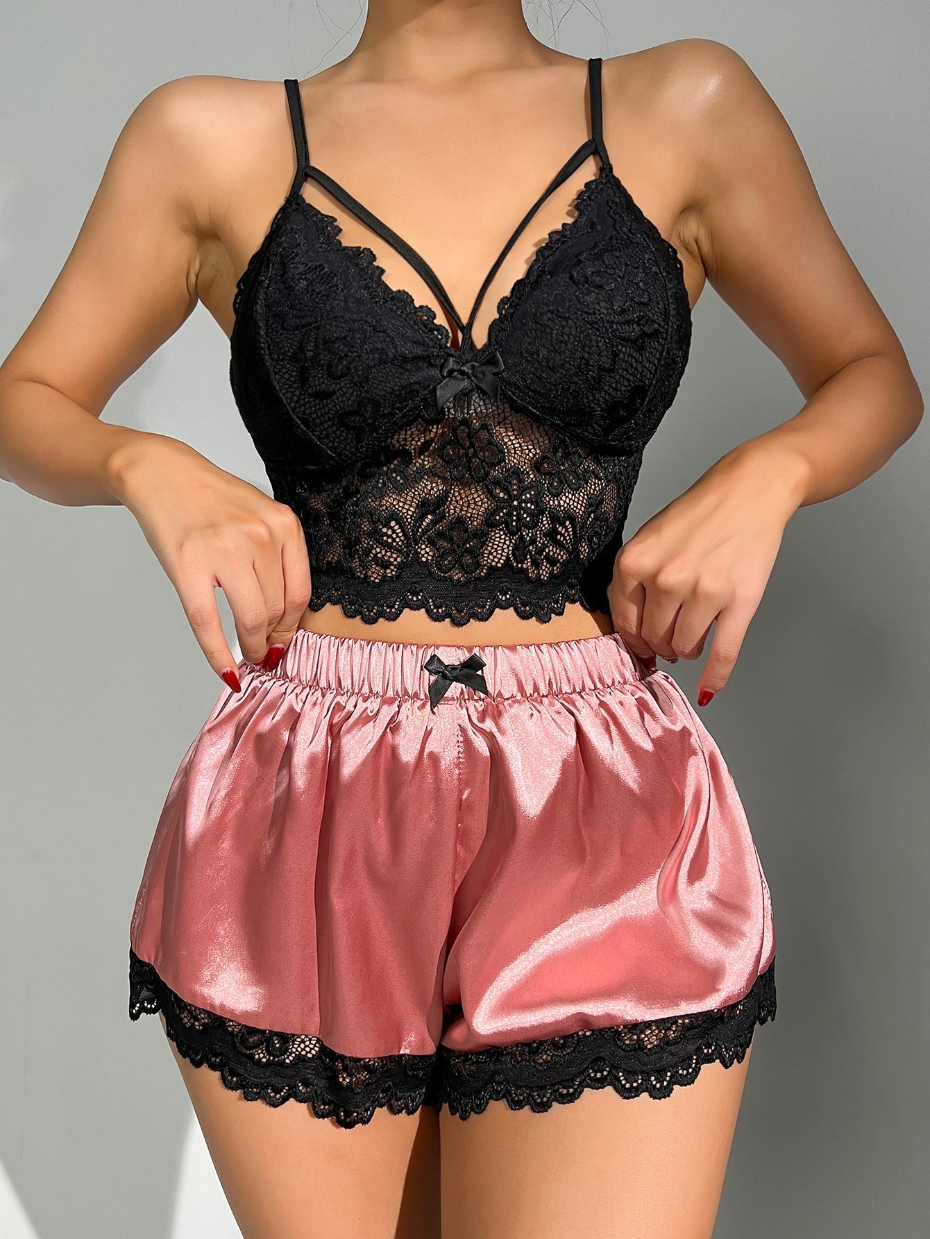 Floral Lace Bow Front Satin PJ Set - Negative Apparel