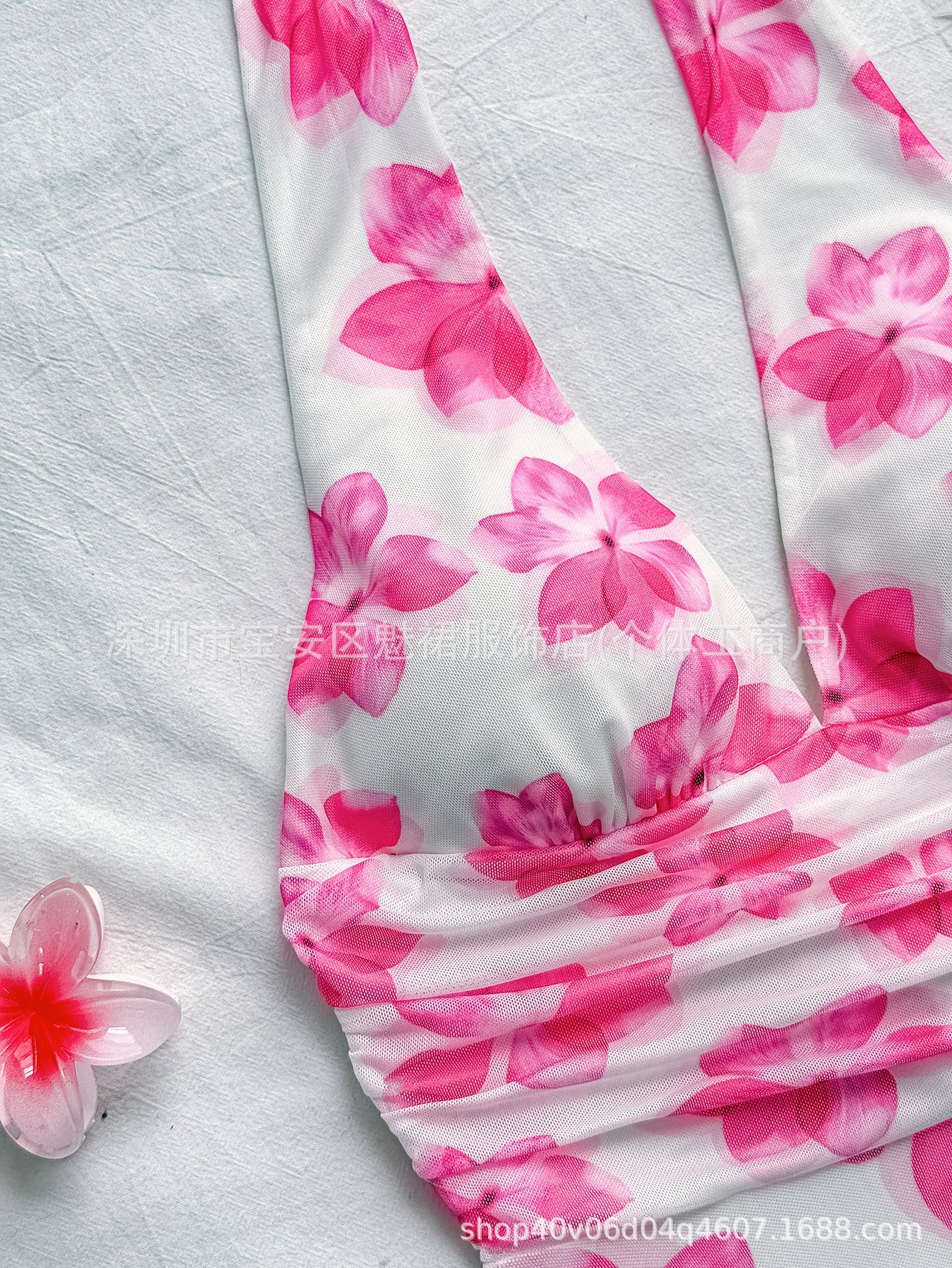 Floral Mesh Halter Dress with Tie Waist & V - Neck — Spring 2025 Elegant Mini - Negative Apparel