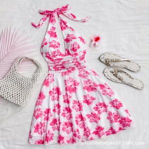 Floral Mesh Halter Dress with Tie Waist & V - Neck — Spring 2025 Elegant Mini - Negative Apparel