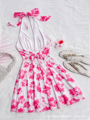Floral Mesh Halter Dress with Tie Waist & V - Neck — Spring 2025 Elegant Mini - Negative Apparel