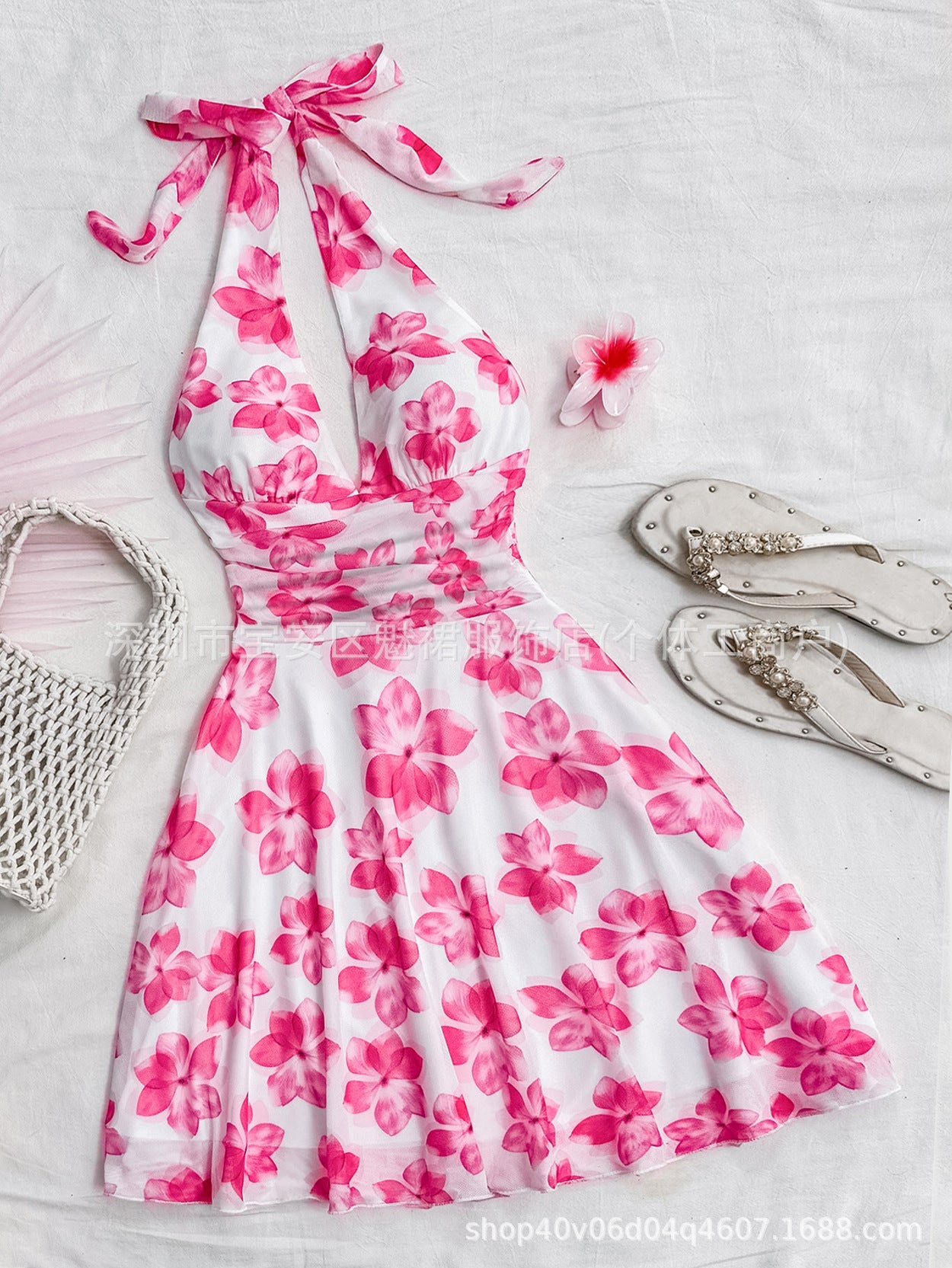 Floral Mesh Halter Dress with Tie Waist & V - Neck — Spring 2025 Elegant Mini - Negative Apparel