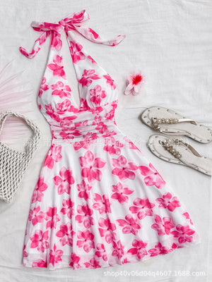 Floral Mesh Halter Dress with Tie Waist & V - Neck — Spring 2025 Elegant Mini - Negative Apparel