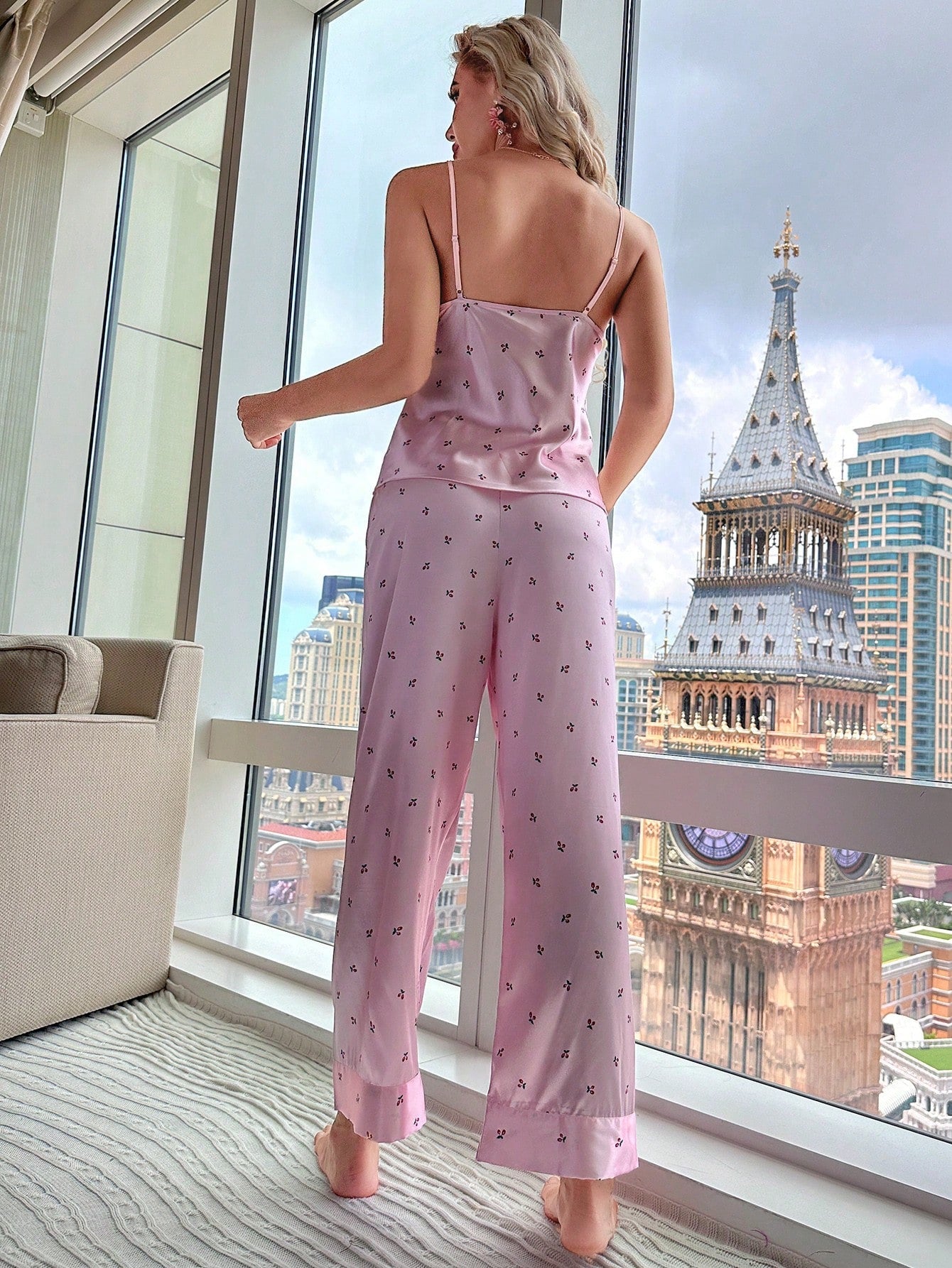 Floral Print Lace Trim Satin Cami Top & Pants PJ Set - Negative Apparel